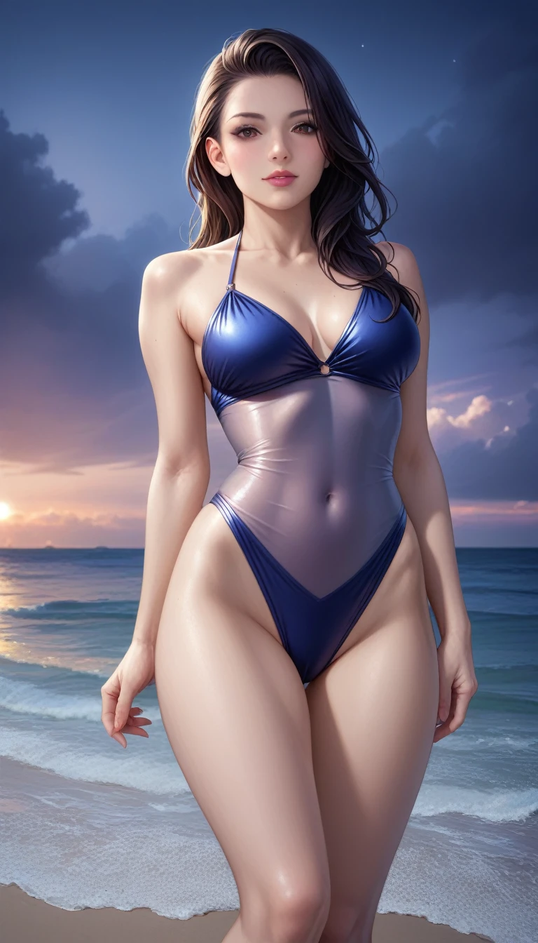 score_9, score_8_superior, score_7_superior, High-resolution CG illustration,A masterpiece in 32K resolution,Highest quality,it is really amazing,Very detailed,Ultra-high resolution,Ultra-realistic,Realistic,Increased depth of field,Cinematic lighting,
Sexy mature Japan woman,
Straight long hair with black hair,Ultra-detailed and beautiful face,Calm and gentle look,Beautiful brown eyes,Translucent white skin,Realistic skin texture,Great proportions,
Elegant swimwear,
Artistic design,Chic color scheme,Detailed fabric texture,
Dark overcast sky on a dull night,Dark clouds filling the sky,Thundercloud,Coastline at night,Stormy seas,delay々A desolate sandy beach that continues,
Cinematic,Low - Angle,
