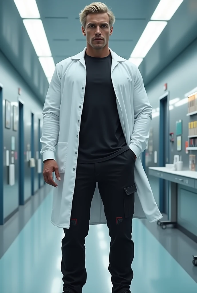 33-year-old Arabic-Egyptian man, extremely tall at 216 cm, with dark skin, platinum blond short wavy swept-back hair, and a calm, composed demeanor. He has a muscular, athletic build and wears a white lab coat over a fitted black crew-neck shirt made from high-tech, breathable fabric. He is also wearing slim-fit black cargo pants with subtle red stitching, and black slip-resistant shoes. He stands confidently in a high-tech medical facility, towering over his surroundings. Photorealistic, cinematic lighting, high resolution