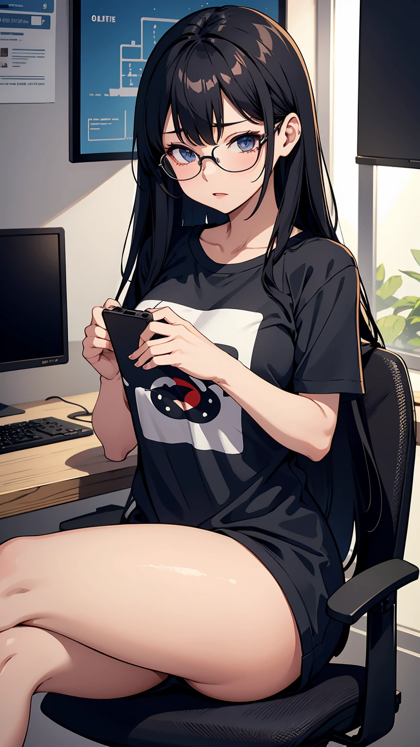 One Woman、beautiful girl、Sit on a chair、big glasses、Dark Room、computer、Sit in a gaming chair、High-end headphones、Grip the game controller、computerに向き合う、beautiful girl, Highest quality, Tight T-shirt、Tight T-shirt、Game Geek、Thick thighs、big 、big Ass、Black Hair、Long Hair、bangs、Sweaty body、I'The whole body is sweating、Obscene sound effects、Excited、stripe々panties、Playing a mischievous game