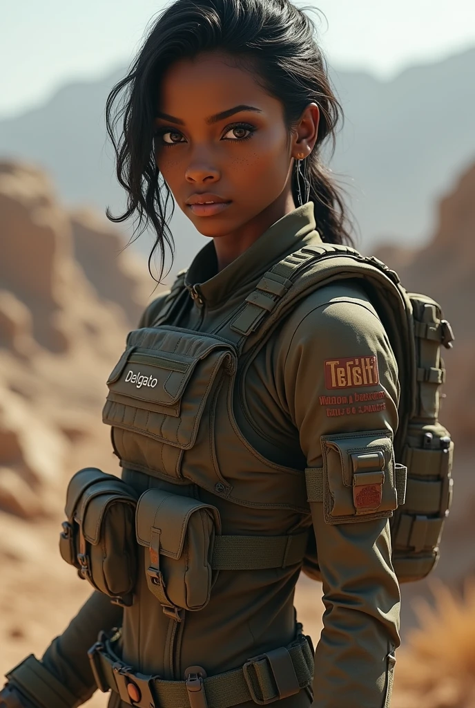 Female darkskin pubg character
Put the word "Delgato" on her arm sleeve