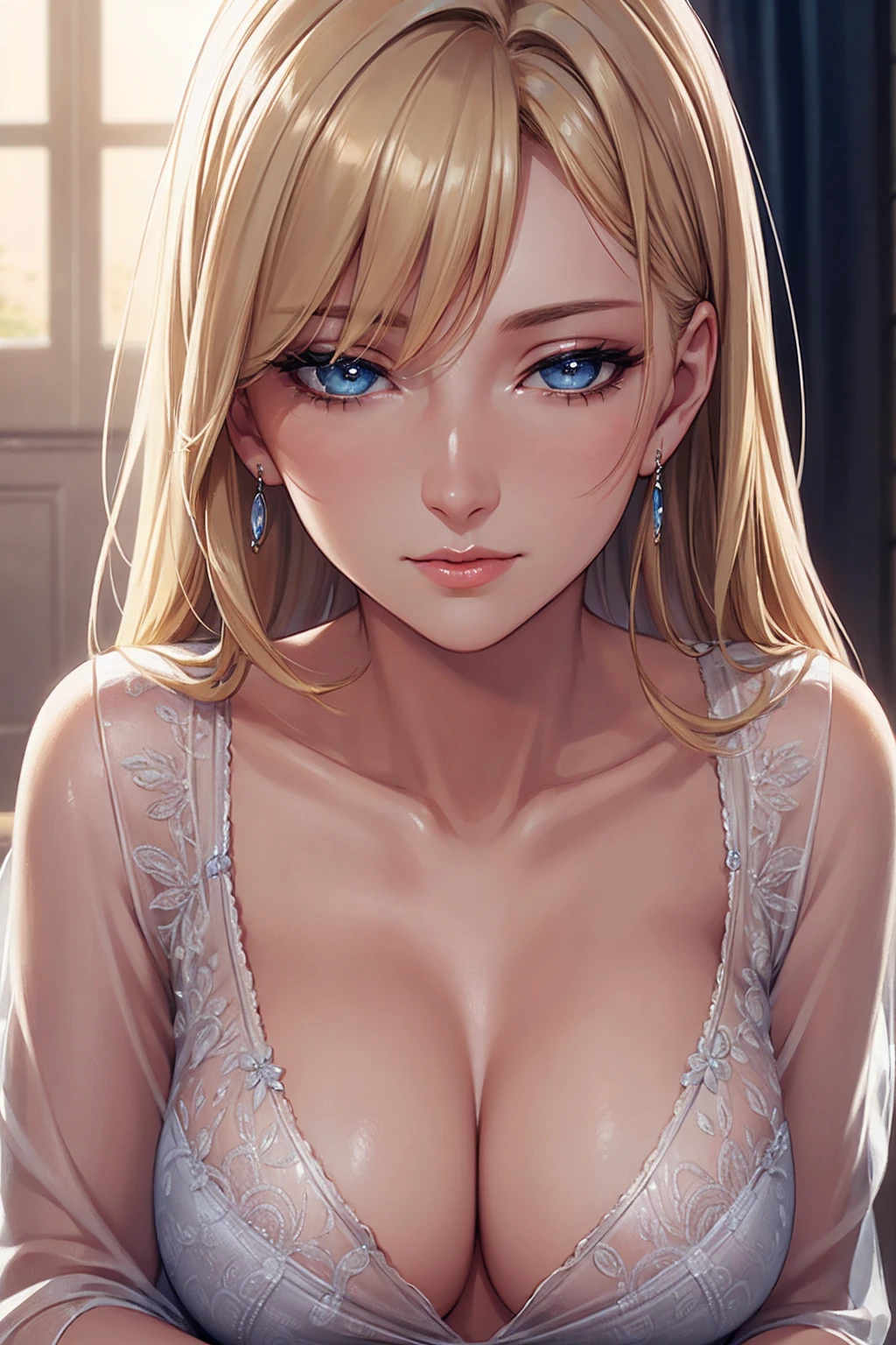 Highest quality,Portraiture, Realistic, Elegant mature woman, blue eyes, Blonde, 4K resolution, Ultra-detailed CG, Beautiful CG, Soft Light,See-through blouse (NSFW),Small breasts,Detailed eyes,Detailed face,Closed Mouth,Detailed eyes,Detailed eyes