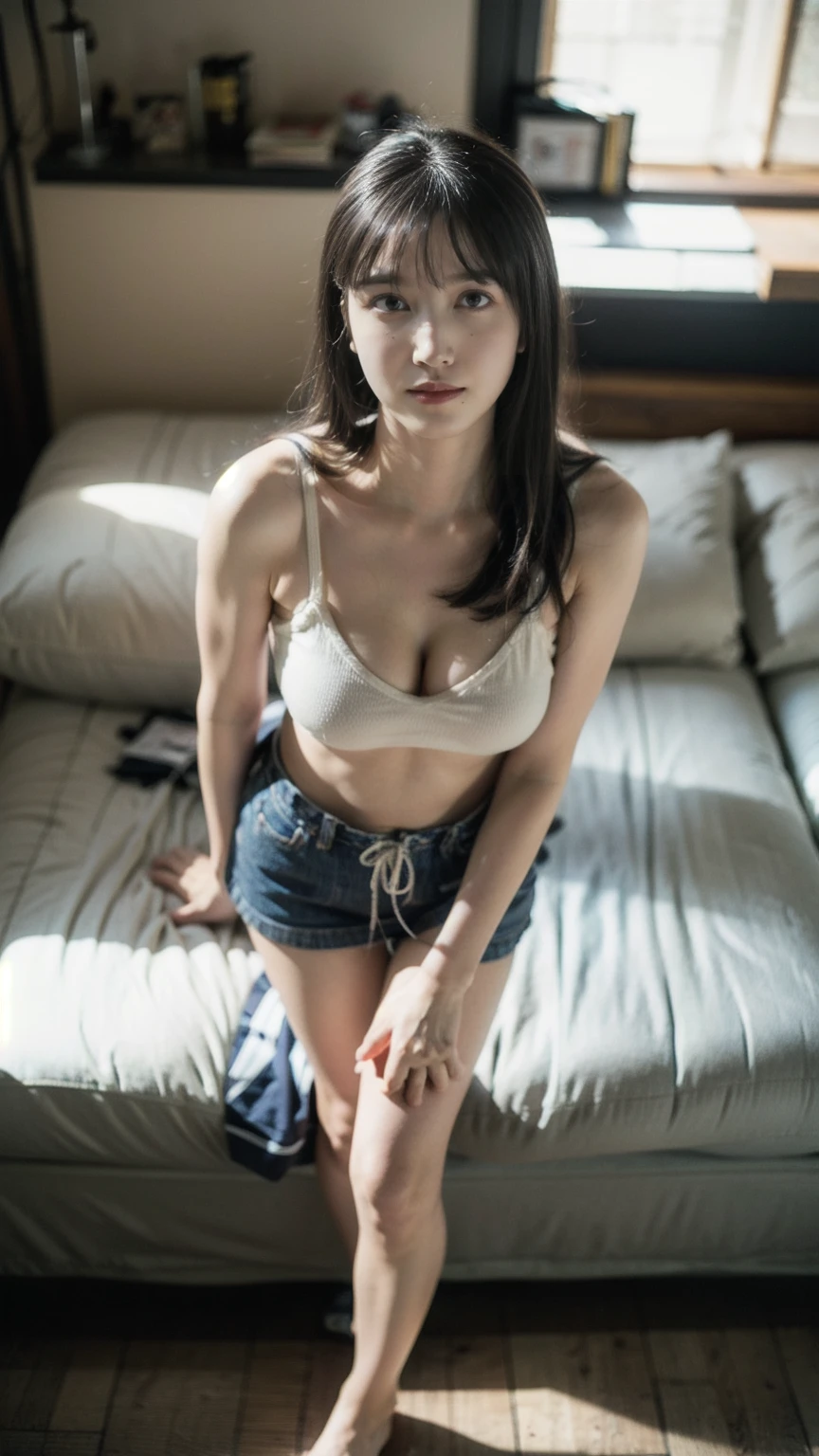 ((1girl)), woman, masterpiece, best quality, highest quality, cinematic lighting, (volumetric lighting), extremely detailed CG unity 8k wallpaper, focused, 8k wallpaper, extremely detailed, ultra realistic, photorealistic, sharp focus, absurdres, (HDR:1.2), (high contrast), photograph, detailed and intricate, instagram, portrait, highly detailed, digital painting, artstation, concept art, smooth, sharp focus, illustration, cinematic lighting, (big breast:1.3), (((skinny, slim legs))), (japanese idol posture), (knit strap tanktop, mini skirt, open shoulder, open chest, cleavage), looking at the viewer, (I don't see arms)), ((Standing with bent legs)), ((Medium body shot, hip level shot)), long hair, beautiful eyes, ((17yo))