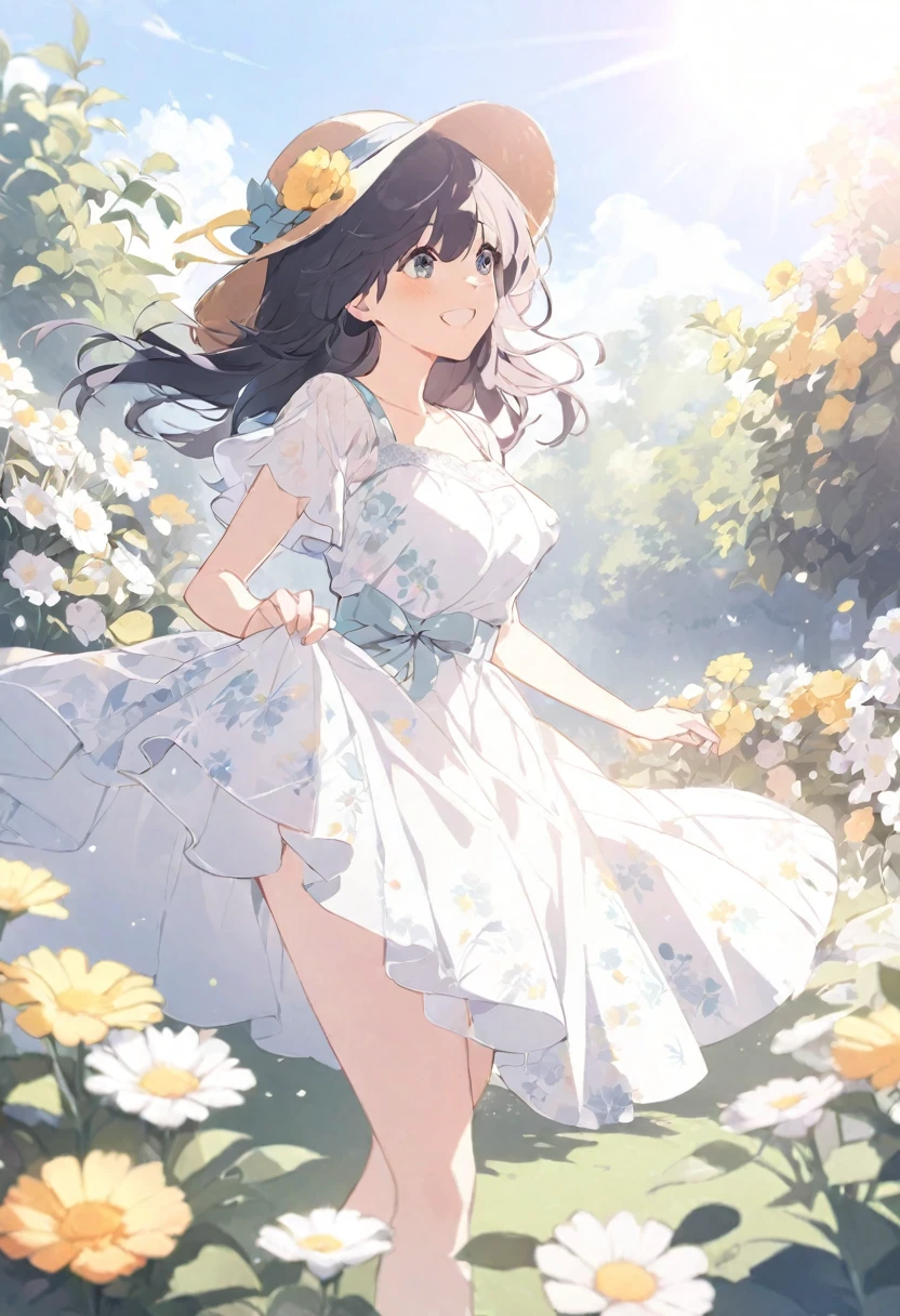 In the garden full of flowers, under the sun, Dancing in a floral dress