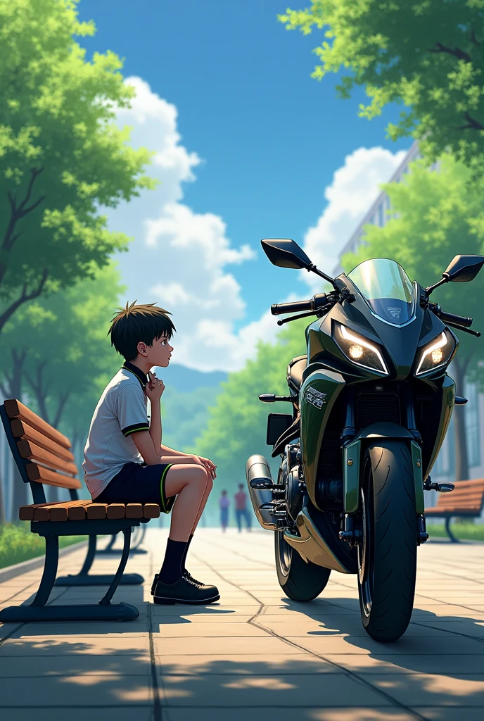 A school boy sit on banch and thinking a z900
