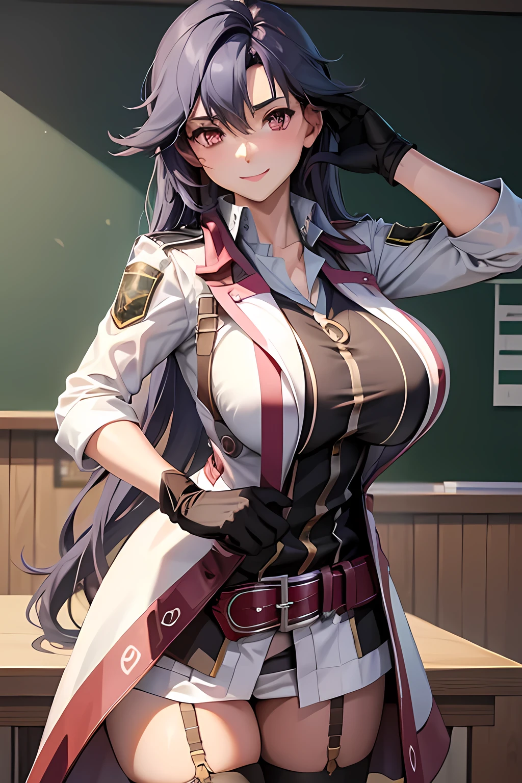 masterpiece, mischievous smile, light blush, looking at viewer, huge breasts, sexy pose, female rean schwarzer, long hair, white coat, black shirt, black gloves, thigh strap, red belt, black microskirt, nipples, detailed white classroom in the background