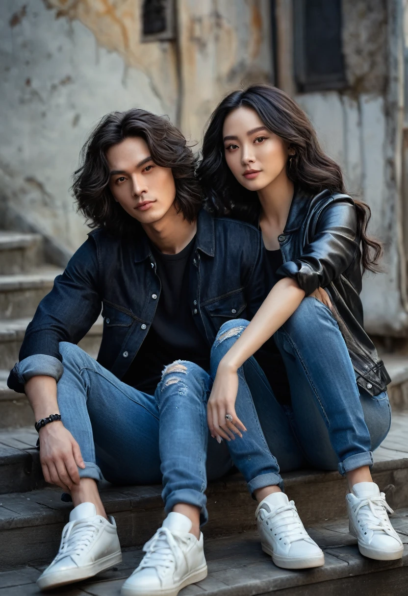 masterpiece, best, highly realistic, highly detailed, original photo, Best Quality, neat and clean, Raw photo, Professional Photography, Portrait, Soft light, professional lighting, back lighting, full body, romantic couple sitting close to each other, facing the camera, looks romantic and warm, handsome young man with cool short hair, masculine and beautiful woman aged 29 years, long black wavy hair flowing gently, tight jeans ripped at the knees, they wear hip-hop style clothes, very realistic and detailed, the background has a hip-like feel hop, frontal, face details, finger details, hand details, very realistic and detailed clothing details, background details, Advanced, Film grain, (Eye and face details: 1.0), Highly detailed definition.
