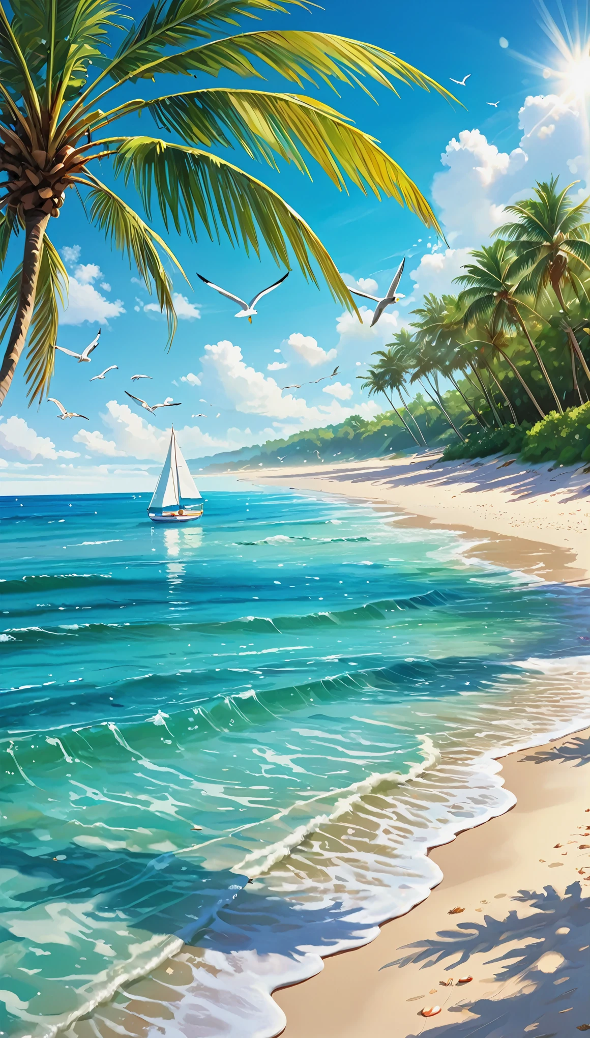 sand beach,crystal clear water,seagulls flying,gentle waves,beautiful sunny day,coastal landscape,ocean breeze,relaxing atmosphere,seashells scattered on the beach,cool shades of blue and turquoise,sparkling reflections on the water,sunlight shimmering on the waves,faraway sailboats,peaceful and serene,white fluffy clouds,seagulls gliding in the sky,sand between your toes,splashing waves,sun-kissed skin,refreshing swim in the ocean,beach umbrellas and beach chairs,lush green palm trees,horizon stretching endlessly,tranquil escape from the city,soft sand dunes,soothing sound of the waves crashing against the shore,calming and peaceful retreat,nature's beauty at its finest,secluded paradise,relaxing beach stroll,beachside picnics with loved ones.
