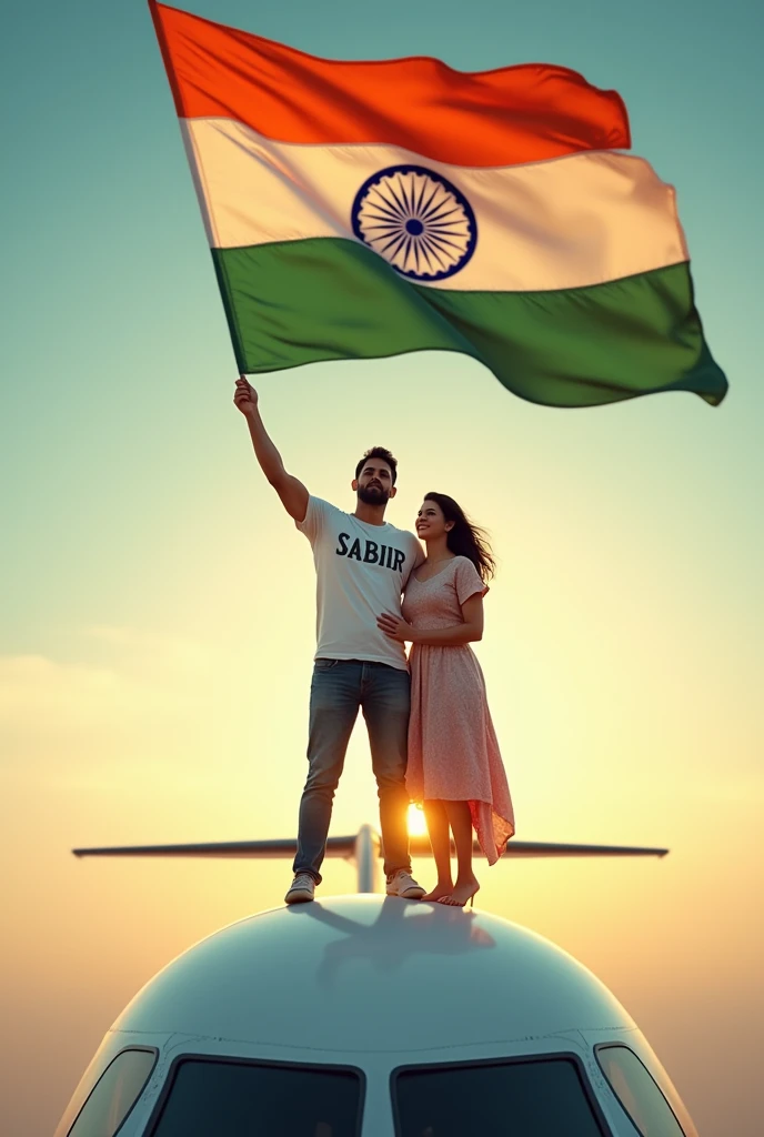 Create an image of a man holding Indian flag and his back side of t shirt write a name SABBIR and the man is on The roof of airoplane and tha man with his wife