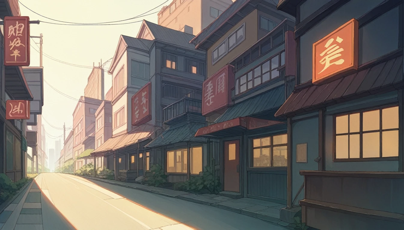 Chinatown、Many buildings、Many neon signboards、City of night、The road is from right to left、上からCity of nightを眺める画角