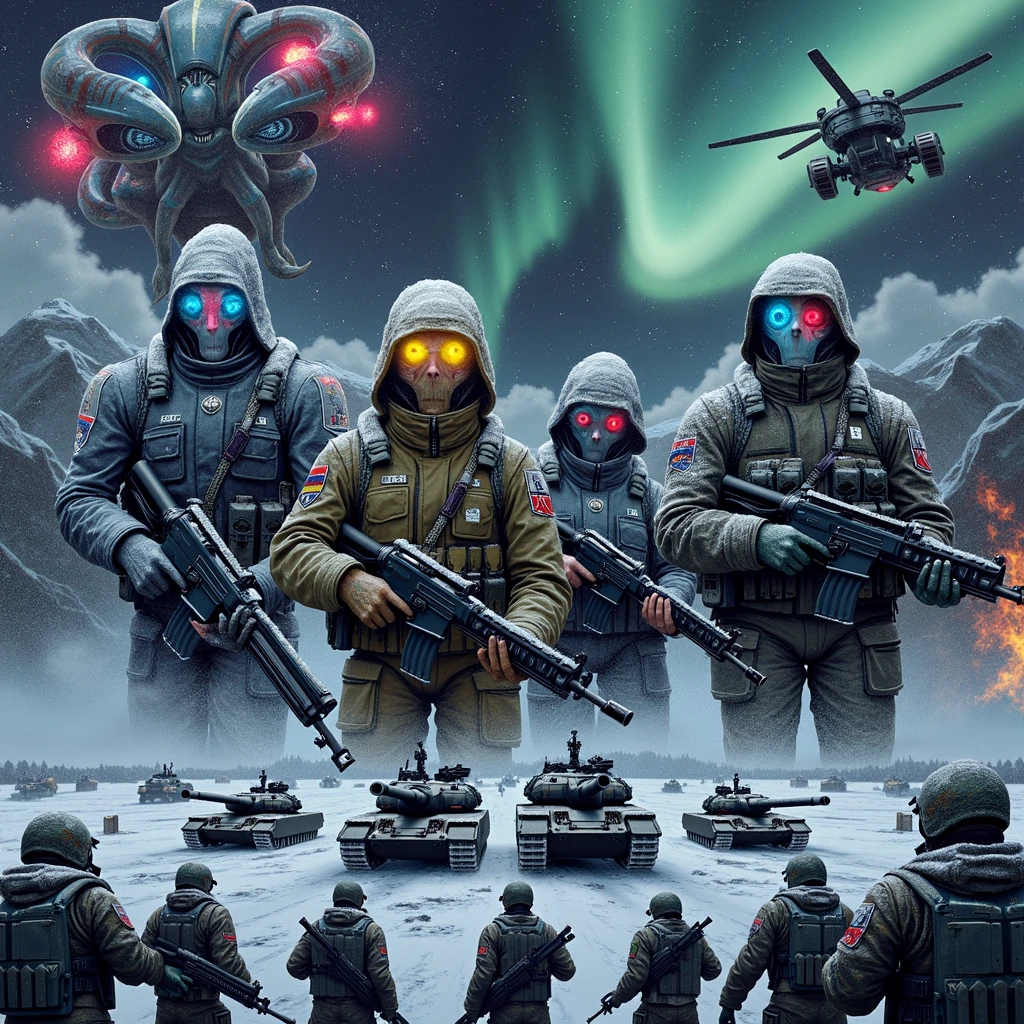 A dramatic illustration portraying an epic battle in a snowy landscape. On one side, futuristic-looking beings from another planet with varying colors and abstract shapes, armed with advanced laser weapons and hovering vehicles. The other side is represented by a group of soldiers in heavy winter camouflage gear, determined faces visible through their visors, armed with tanks and artillery. Their emblems hint at their Russian origin without explicitly stating it. Dark stormy clouds loom overhead, hinting at the ferocity of the battle while the aurora borealis subtly glows on the horizon.