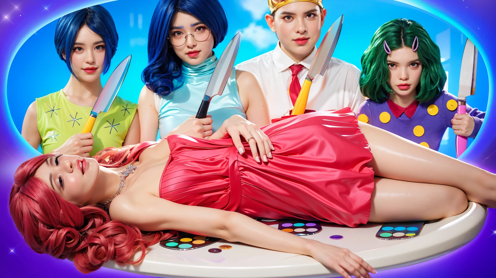The image features a woman with striking pink hair styled in glamorous curls, lying on a futuristic, curved platform. She wears a pleated, coral pink dress and a sparkling necklace, enhancing her elegant appearance. Her makeup is dramatic, with deep pink shades that match her hair and dress, suggesting a very stylized or theatrical setting. She is surrounded by an array of vividly colored cosmetics and painting tools, emphasizing a creative or artistic theme. The overall composition combines elements of fashion and art, set against a minimalist purple background to focus attention on her and the array of colors around her. The purple background complements the costume, creating a vibrant and engaging scene. (glossy plastic texture with multiple big light probe refractions), perfect cgi, smooth silhouette, high intensity refraction, (super glossy plastic material), most beautiful vfx, , realistic, 4k, high resolution, rim light, smooth 3d model, multiple light sources, rim light, sharp post effects render,, realistic, 4k, high resolution, rim light detailed digital art, reflective, best quality, 4k, masterpiece:1.2, ultra-detailed, realistic, vivid colors, The image of the highest quality, ensuring every detail showcased perfectly. It in 4k resolution, allowing viewers to immerse themselves in the richness of the colors and intricate details. The realistic rendering. under the spotlight, reflecting, high-resolution image, realistic rendering