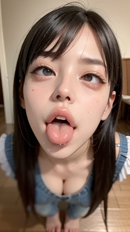 (Looking down,((child:1.5)))、(((((drool from the tip of the tongue:1.8))))),(((((Sticking out tongue:1.5))))),(((Face close-up:1.5)))、Ultra-high resolution、(((Blunt bangs, Princess Van))), (((Very heavy,Voluminous bangs:1.1))),(((very length, Very heavy,Very voluminous side locks:1.1))),, Princess Cut, Straight bangs hairstyle, Round face with Blunt bangs, length, Glossless hair、The bangs are cut straight,(masterpiece, Highest quality:1.5), (ultra detailed 8k cg:1.4), (hyperRealistic:1.25), (PhotoRealistic:1.25), (Realistic:1.4), Cowboy Shot,(Smile 1.3), Beautiful Japanese Girl, , Supermodel, Japanese Idols, (Grin), (Flat Chest:1.5), Sweat、Black Hair:1.2、((Real person:1.5))、Perfect balance、(From below:1.8)