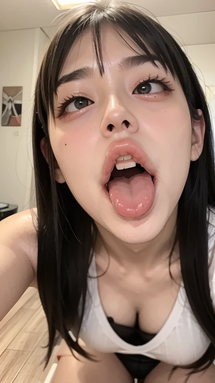 (artwork, Better Quality:1.2), View from above, Rough skin, Very detailed, Advanced Details, high quality, Awards, Better Quality, High resolution, 1080P, High resolution, 4K, 1 person, alone, Realist, , teeth, language, language out, saliva, sharp teeth, Selfie, Please open your mouth wide, language out pose, I look up, , Sitting, Background Room