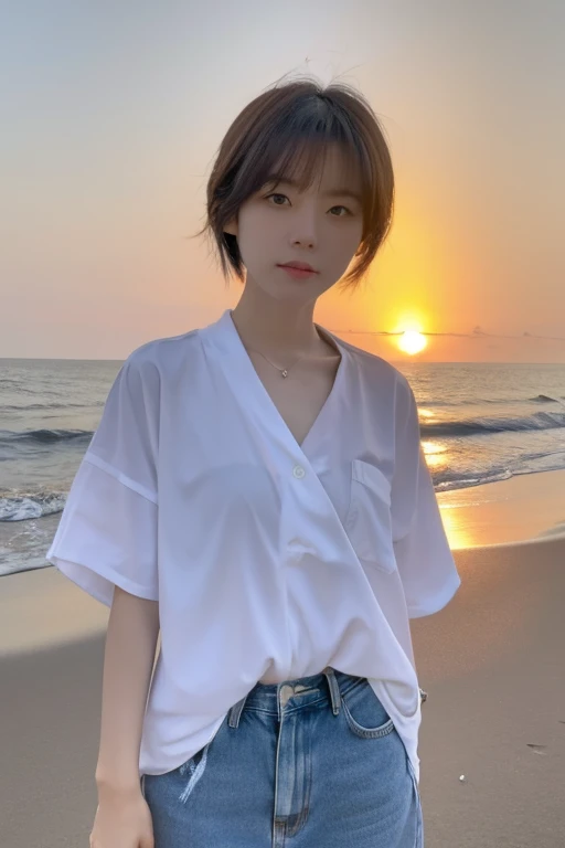 1 japanese woman, short hair, wearing white shirt, short denim, at beach, sunset, A forlorn expression