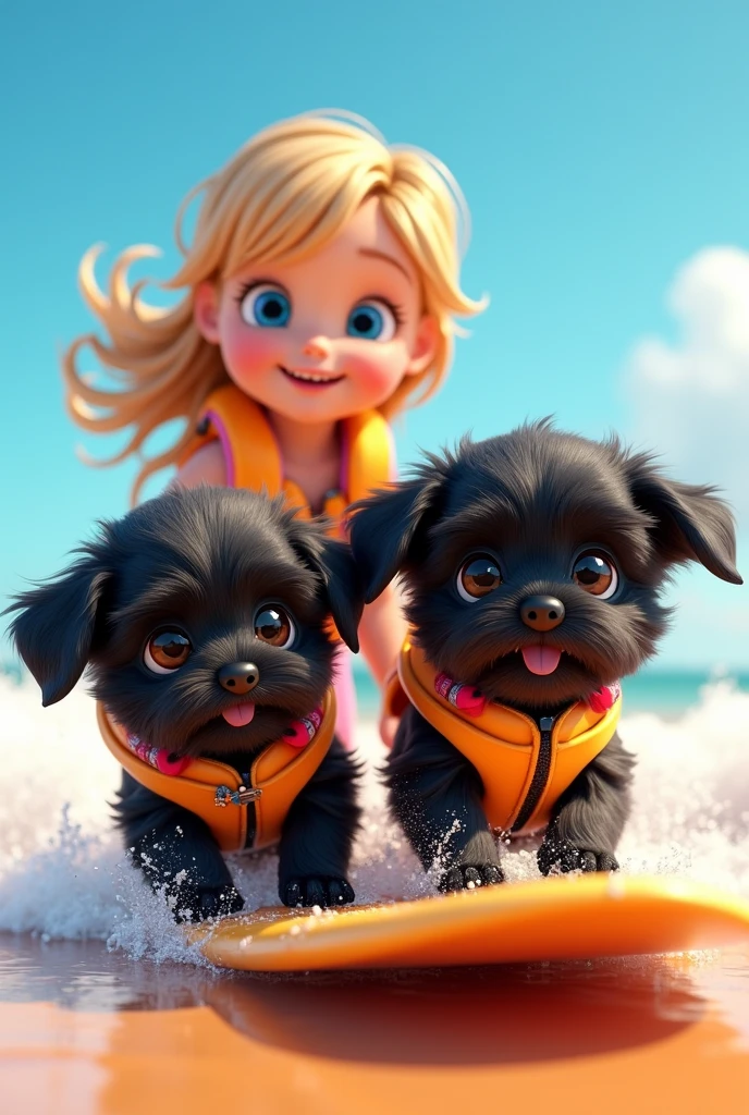 cute adorable 2 black shih tzu puppies, cute blonde girl, extremely detailed, big blue eyes, wearing colorful collar and life jackets, surfing, 3D Pixar style, at beach, colorful sand, photorealistic, (best quality,8k,highres,masterpiece:1.2),ultra-detailed,(realistic:1.37),HDR,vivid colors,studio lighting