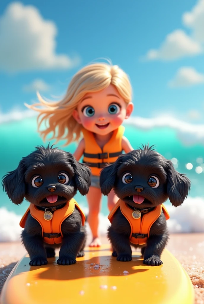 cute adorable 2 black shih tzu puppies, cute blonde girl, extremely detailed, big blue eyes, wearing colorful collar and life jackets, surfing, 3D Pixar style, at beach, colorful sand, photorealistic, (best quality,8k,highres,masterpiece:1.2),ultra-detailed,(realistic:1.37),HDR,vivid colors,studio lighting