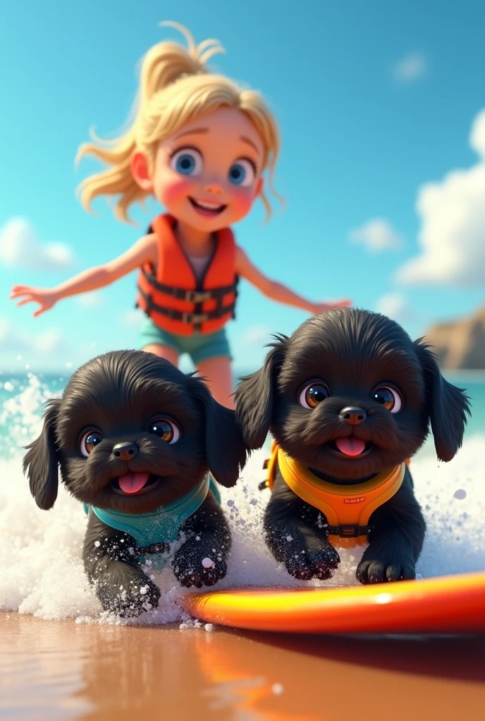 cute adorable 2 black shih tzu puppies, cute blonde girl, extremely detailed, big blue eyes, wearing colorful collar and life jackets, surfing, 3D Pixar style, at beach, colorful sand, photorealistic, (best quality,8k,highres,masterpiece:1.2),ultra-detailed,(realistic:1.37),HDR,vivid colors,studio lighting