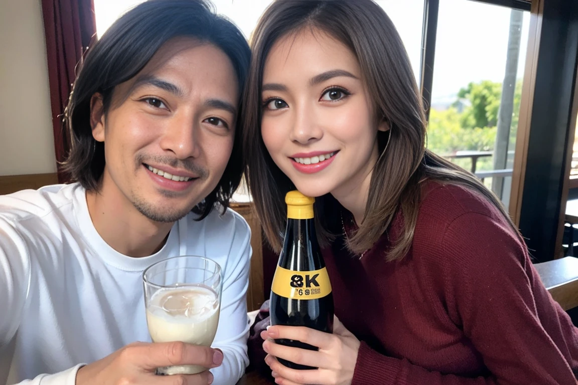 ((Highest quality、8k、masterpiece:1.3))、Izakaya、Japanese sake、Slim Couple、Model Couple、(Realistic, Intricate details:1.2), Japanese sake、One liter bottle、Japanese food、Buckwheat、Japanese sake、Shochu 、Amazing view of the sunset sky and clouds、A bright smile、The wonderfulness of smiles、Bright image、Beautiful Face, blue eyes, The light shines on your face, blush, short hair,Bright Face、 (Age 37), 39 years old, Brown Hair、Shortcuts、Long sleeve shirt、dress、Beautiful woman