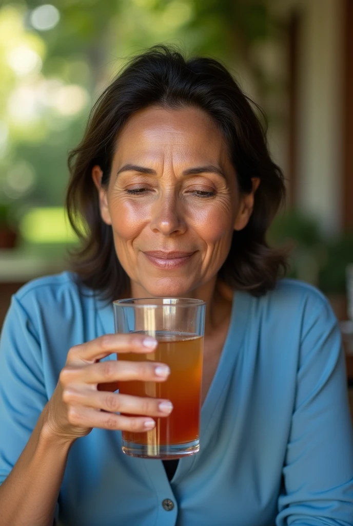 50-year-old Latina woman without an erotic appearance, in blue blouse, drinking cajuína, a typical drink from Piauí.