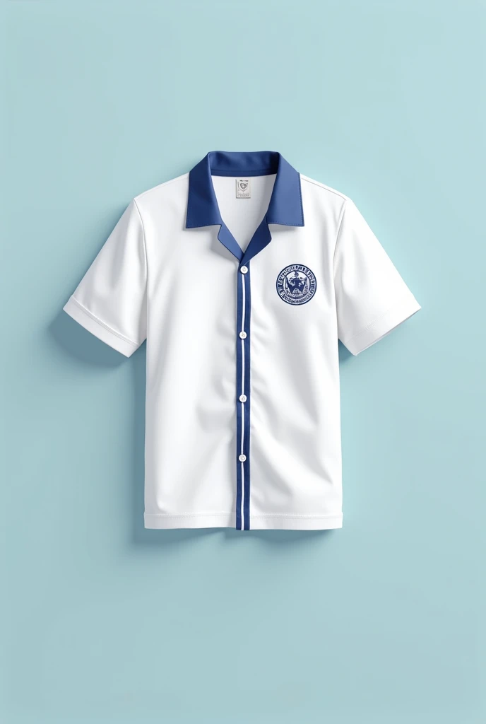 A basic white school shirt with short sleeves, a V-neck, and a blue stripe down the middle., on the sleeves, It has a collar and a button closure on the shirt, A crest in the center of the shirt and a blue stripe in the center horizontally with a width of 3 cm, front and back
