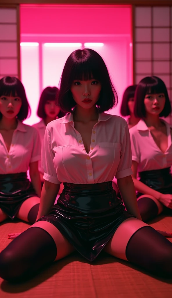 ((Japanese Idols)) 35 talents ((Plump, bright red lips with lipstick)) round face Heavy makeup Big Breasts Plump ((Black Bob Hair)) ((Looking into the camera)) Sit with your legs apart ((White button-up shirt with black patent leather tight skirt and black stockings)) Sweaty skin (Sit on the futon with your legs spread open.) look down ((A bedroom with shoji and tatami mats lit up in pink neon lights))