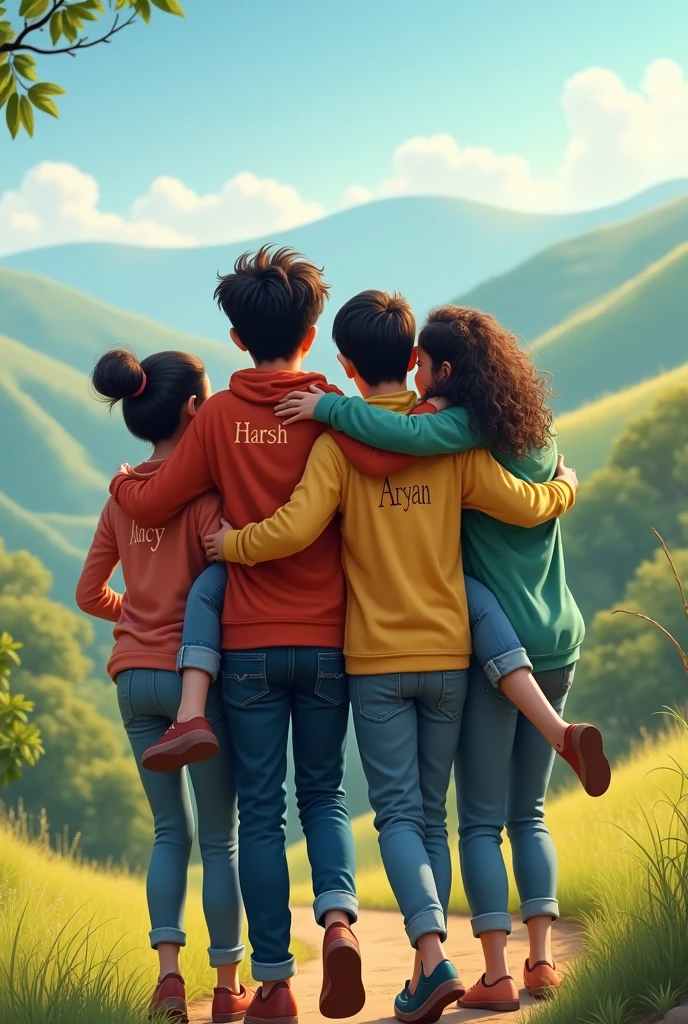 There is four friends enjoying on hills on the back of 1 boy written name is Harsh and on the back of second boy written name Aryan on the back of third girl written name Nancy on the back of fourth girl written name Sakshi
