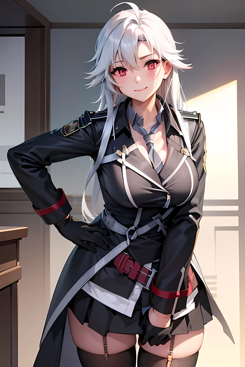 masterpiece, mischievous smile, light blush, looking at viewer, huge breasts, sexy pose, female rean schwarzer, long hair, black coat, black skirt with a slit on the side, black gloves, white hair, red eyes, nipples, detailed white classroom in the background