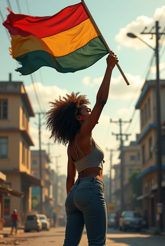 Create a young brown woman, social activist who lives in the periphery, has curly hair and holds a flag with the brown struggle.