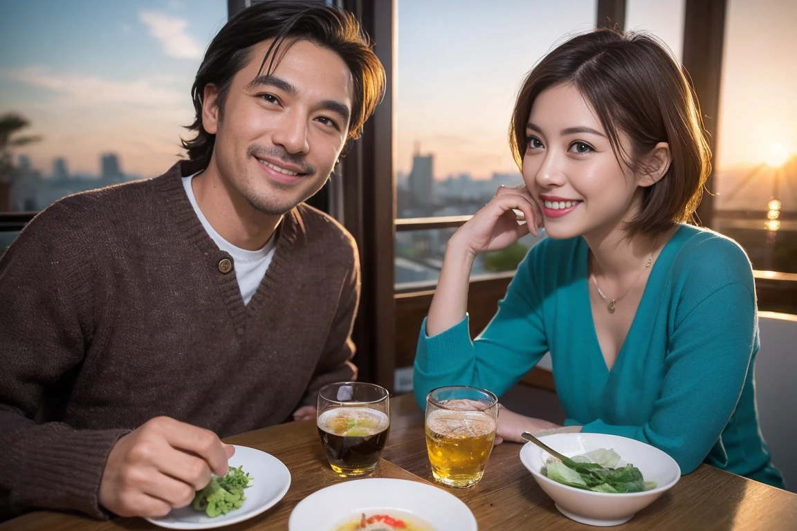 ((Highest quality、8k、masterpiece:1.3))、Izakaya、Japanese sake、Slim Couple、Model Couple、(Realistic, Intricate details:1.2), Japanese sake、One liter bottle、Japanese food、Buckwheat、Japanese sake、Shochu 、Amazing view of the sunset sky and clouds、A bright smile、The wonderfulness of smiles、Bright image、Beautiful Face, blue eyes, The light shines on your face, blush, short hair,Bright Face、 (Age 37), 39 years old, Brown Hair、Shortcuts、Long sleeve shirt、dress、Beautiful woman