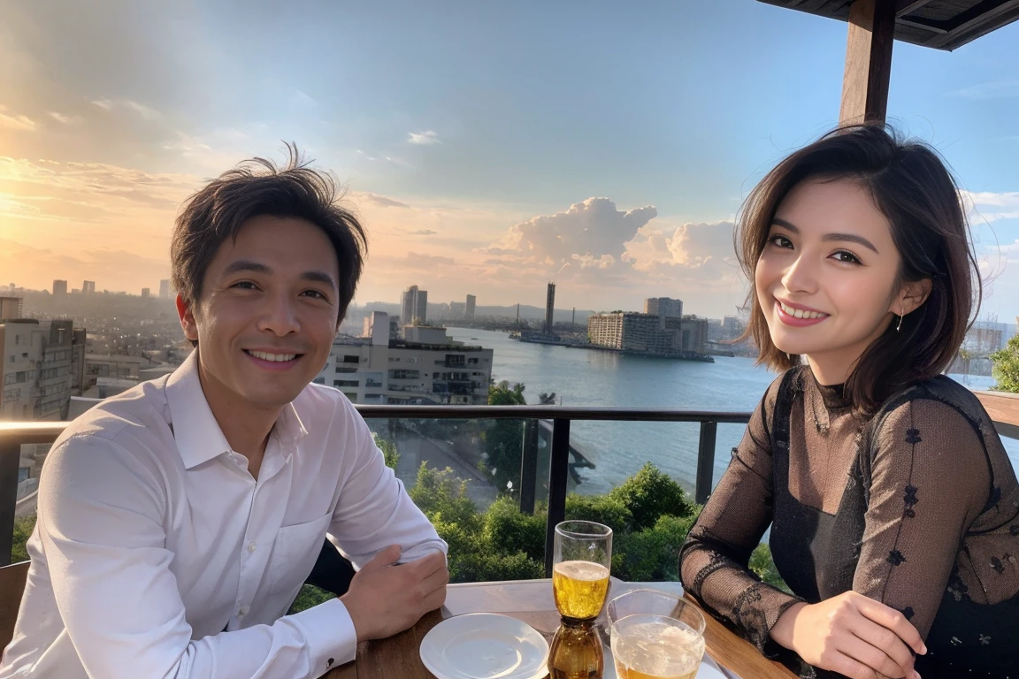 ((Highest quality、8k、masterpiece:1.3))、Izakaya、Japanese sake、Slim Couple、Model Couple、(Realistic, Intricate details:1.2), Japanese sake、One liter bottle、Japanese food、Buckwheat、Japanese sake、Shochu 、Amazing view of the sunset sky and clouds、A bright smile、The wonderfulness of smiles、Bright image、Beautiful Face, blue eyes, The light shines on your face, blush, short hair,Bright Face、 (Age 37), 39 years old, Brown Hair、Shortcuts、Long sleeve shirt、dress、Beautiful woman