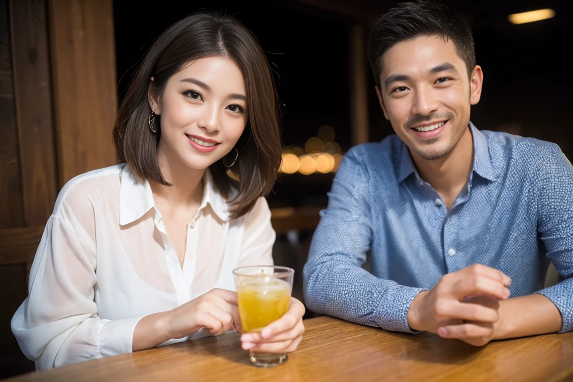 ((Highest quality、8k、masterpiece:1.3))、Izakaya、Japanese sake、Slim Couple、Model Couple、(Realistic, Intricate details:1.2), Japanese sake、One liter bottle、Japanese food、Buckwheat、Japanese sake、Shochu 、Amazing view of the sunset sky and clouds、A bright smile、The wonderfulness of smiles、Bright image、Beautiful Face, blue eyes, The light shines on your face, blush, short hair,Bright Face、 (Age 37), 39 years old, Brown Hair、Shortcuts、Long sleeve shirt、dress、Beautiful woman