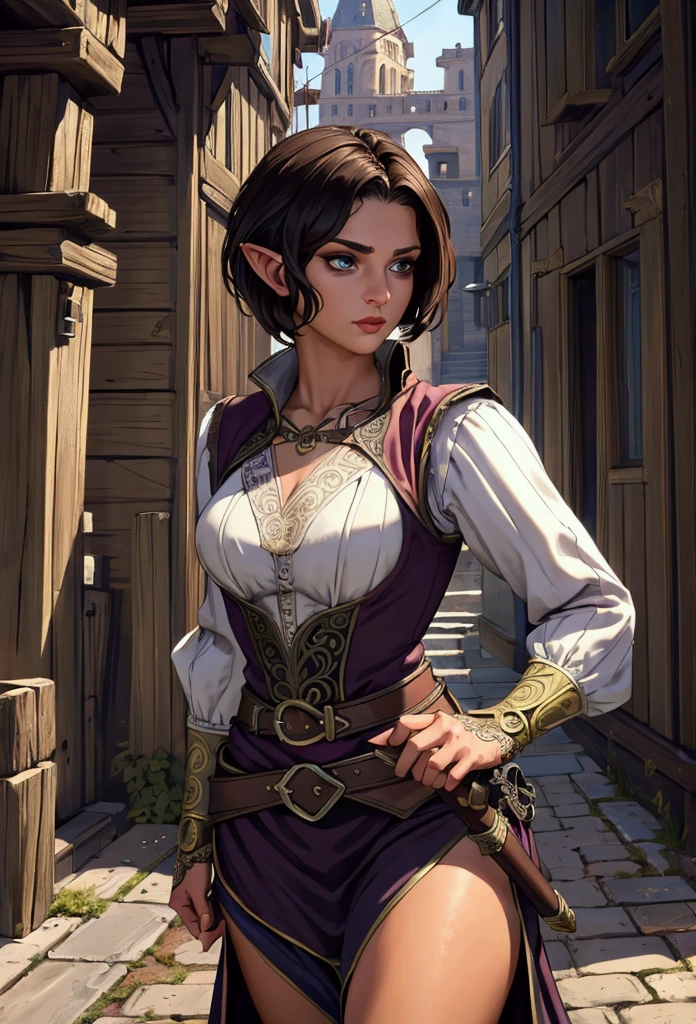 (Masterpiece, Best quality, Top quality, Intricate details, Beautiful, aesthetic:1.2), Highest quality, masterpiece, high resolution, 8k, cinematic lighting, sharp resolution, medium shot, samdoesarts style, beautiful woman, character portrait, 1 female elf, beautiful short dark hair, swashbuckler, rogue, dressed well, britches, and vest, a sickle hangs from her hip, daytime, crowded city streets, fantasy city, cobblestone streets,