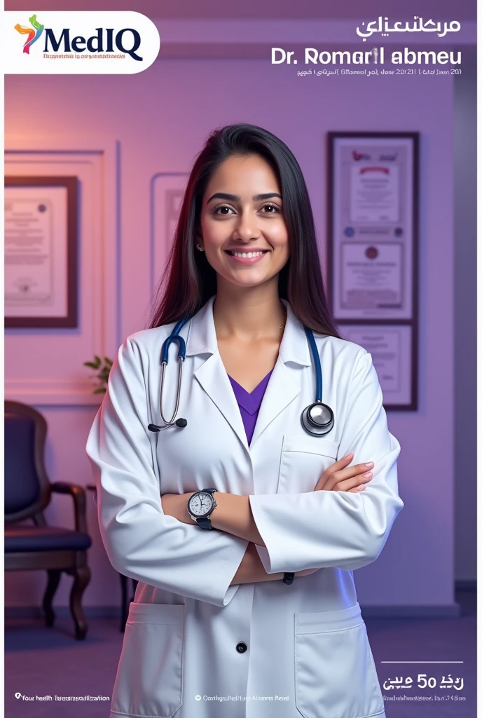 "Design a professional healthcare poster featuring a female certified physiotherapist, Dr. Namrah Ahmed, wearing a white coat. She should be in a well-lit, clean, and modern clinic setting, with framed certificates visible on the wall behind her. The poster should include a purple and pink gradient background with the medIQ logo on the top left corner. The text should emphasize 'Your health is our priority,' and highlight a call to action for booking a teleconsultation. Include contact numbers and a tagline 'آپ کی صحت آپ کے گھر پر' in Urdu at the bottom right corner."