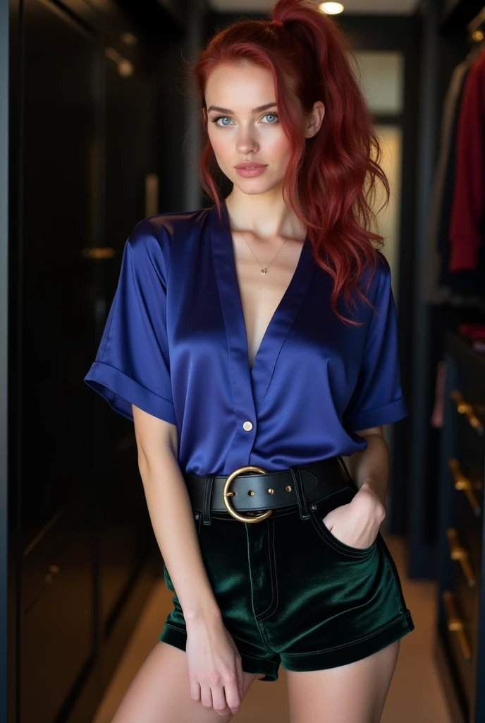 Full-length shot of a short 24-year-old woman with vibrant maroon wavy hair in a pony tail, very pale skin, and blue eyes. She is wearing a sapphire blue-purple silk short-sleeve halter top that is untucked, with a thick black belt cinched around her waist over the shirt. She also wears black velvet shorts with a green sheen and red wedge sandals. She is standing in a chic, large black walk-in closet with cinematic lighting.