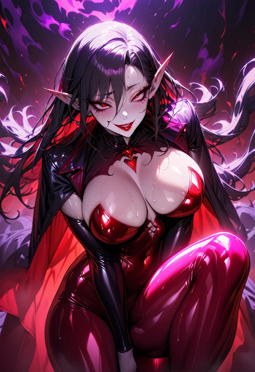ung beautiful woman,(Highest quality,Extremely detailed depiction,Incredibly absurd high resolution,Anatomically accurate depiction,Curvy Legs),(Shiny skin,Porcelain-like skin),(Female vampire:1.5,Shiny latex,),eyelash,Sweat,(Red Eyes,Vertically drawn pupils,Crazy Eyes,Large Breasts,Wicked Smile,Glossy Red Lips,Flashy makeup,Seductive gestures,Half-closed eyes:1.3),whole body,Pointy Ears,background:Mysterious fog