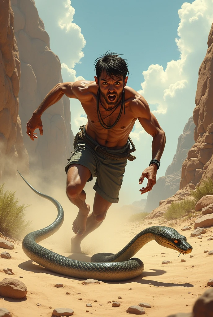 A weak man running chasing a snake