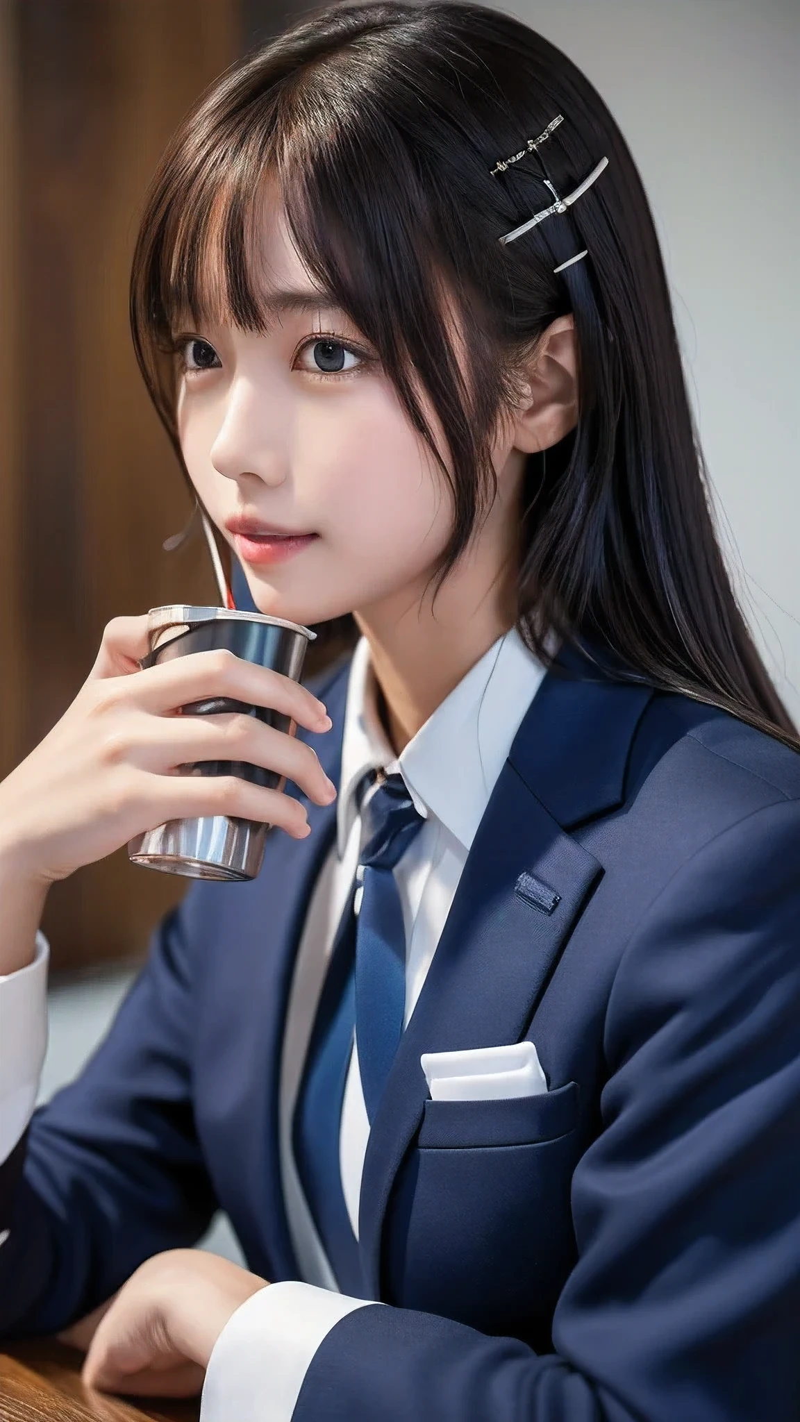 ((masterpiece, Highest quality, High resolution)), 1 Japanese person, (Realistic: 1.4), smile、Great face,Glossy lips、, Silver Hair、Silver Hair、Silver Hairのハイポニーテール、(Beautiful Hair:1.5), School Blazer Uniform、(Navy Blue Blazer、Navy blue jacket)、(White dress shirt)、(Red tie)、Cafe、Sitting on a chair、Drinking iced coffee、Staring、Face is front、The body is frontal、Angle from the front, Smooth, Highly detailed CG composite 8K wallpaper, High resolution RAW color photos, Professional photography, Light, BackLight, impressive, Written boundary depth, (Face close-up:1.4)