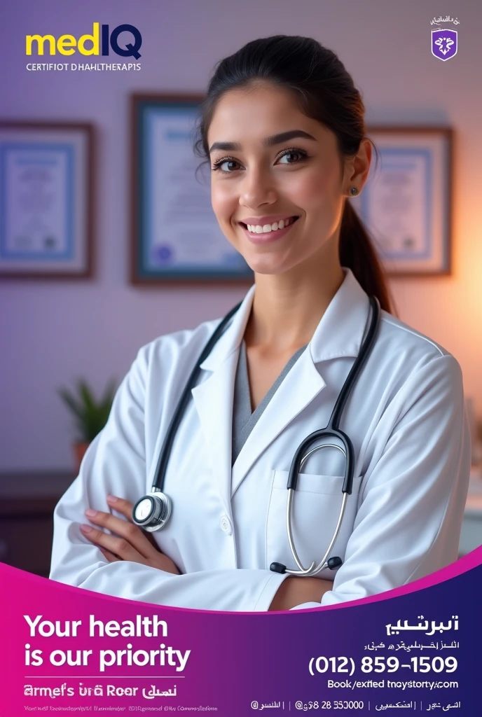 "Design a professional healthcare poster featuring a female certified physiotherapist, Dr. Namrah Ahmed, wearing a white coat. She should be in a well-lit, clean, and modern clinic setting, with framed certificates visible on the wall behind her. The poster should include a purple and pink gradient background with the medIQ logo on the top left corner. The text should emphasize 'Your health is our priority,' and highlight a call to action for booking a teleconsultation. Include contact numbers and a tagline 'آپ کی صحت آپ کے گھر پر' in Urdu at the bottom right corner."