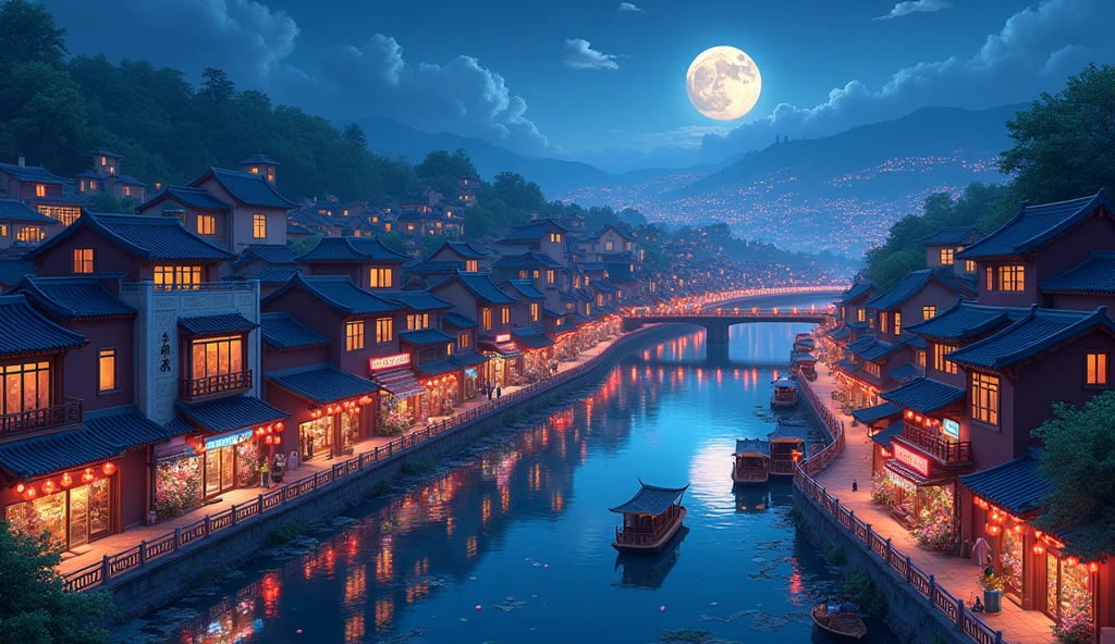 ​masterpiece, top-quality, depth of fields, high details, 8K, anime a night scene of china town, lots of shop outlets, chinese lanterns, detailed background, high angle view, beside a river, wooden boats, bridges, moon