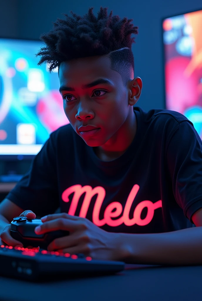Logo gaming avec le nom melo sur le t-shirt d'un ado noir avec une coiffure tapper qui joue au jeux vidéo