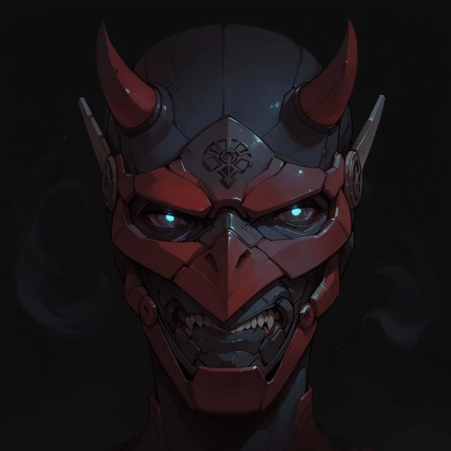 Anime Style,Mechanical Hannya Mask,A woman wearing a Hannya mask,Glowing Eyes、Iron Man Mask