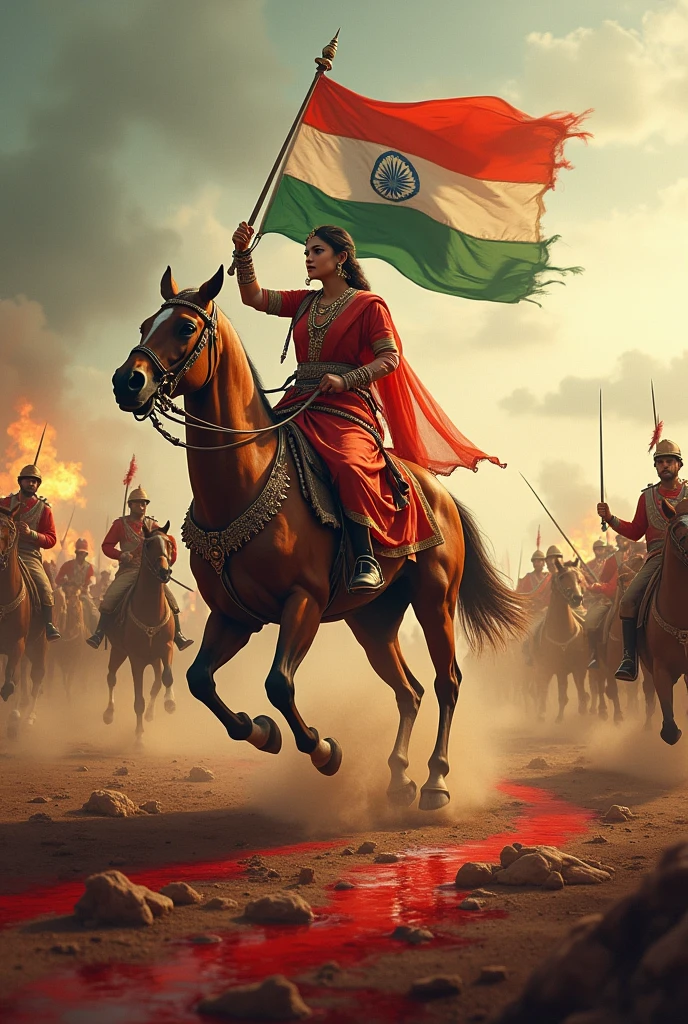 Make a photo of freedom fighter rani laxmi bai riding on horse 🐴 and carrying sword 🗡️ in hand and aiming British army who in red dress attack ing from Cannons on rani laxmi bai
and in other hand rani laxmi bai taking triranga national flag of India on soil there are river of blood