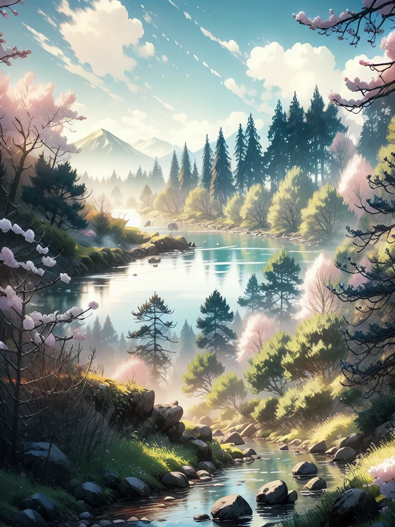 Vibrant, animated landscape illustration featuring a serene lakeside path. The layout includes a wooden walkway bordered by a wooden fence on the right, leading into the distance. On the left, a large tree with pink cherry blossoms extends its branches over the path, with petals gently falling. The lake on the right reflects the clear blue sky and surrounding greenery. In the background, there are lush green hills and a towering mountain with a snow-capped peak. The overall color palette is bright and vivid, with rich greens, blues, and pinks. The image exudes a peaceful and idyllic atmosphere.