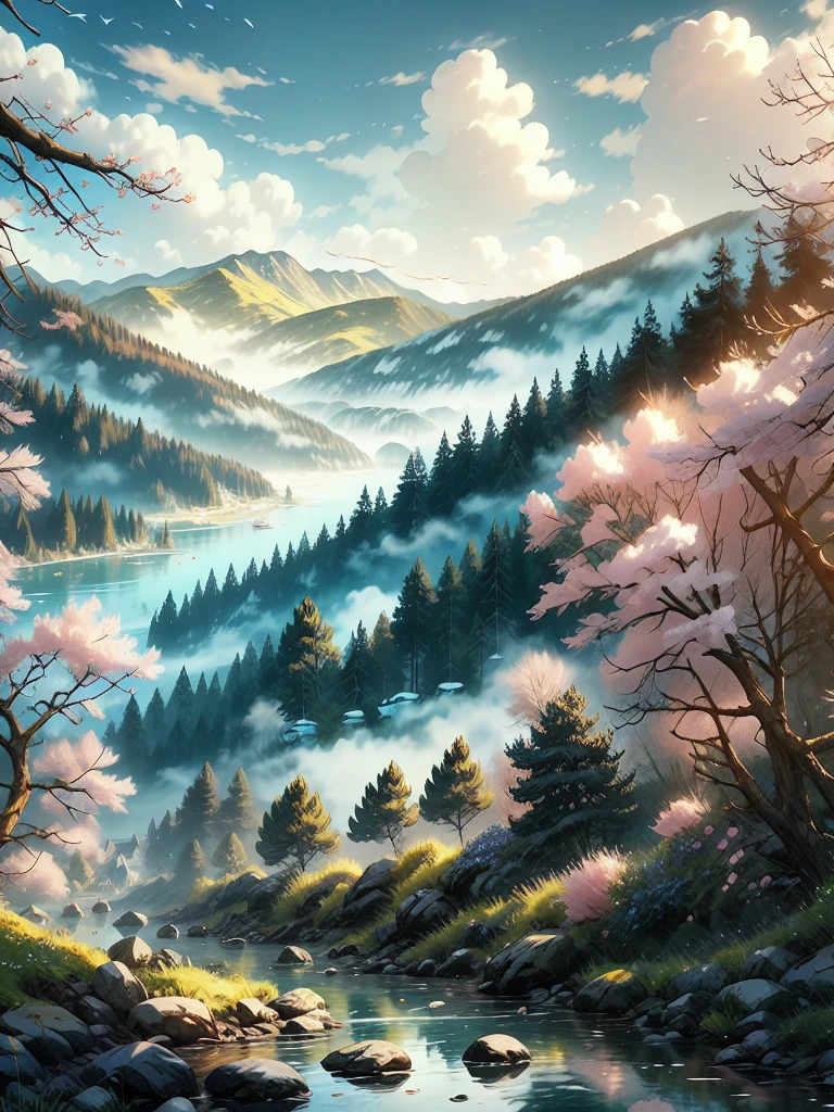 Vibrant, animated landscape illustration featuring a serene lakeside path. The layout includes a wooden walkway bordered by a wooden fence on the right, leading into the distance. On the left, a large tree with pink cherry blossoms extends its branches over the path, with petals gently falling. The lake on the right reflects the clear blue sky and surrounding greenery. In the background, there are lush green hills and a towering mountain with a snow-capped peak. The overall color palette is bright and vivid, with rich greens, blues, and pinks. The image exudes a peaceful and idyllic atmosphere.