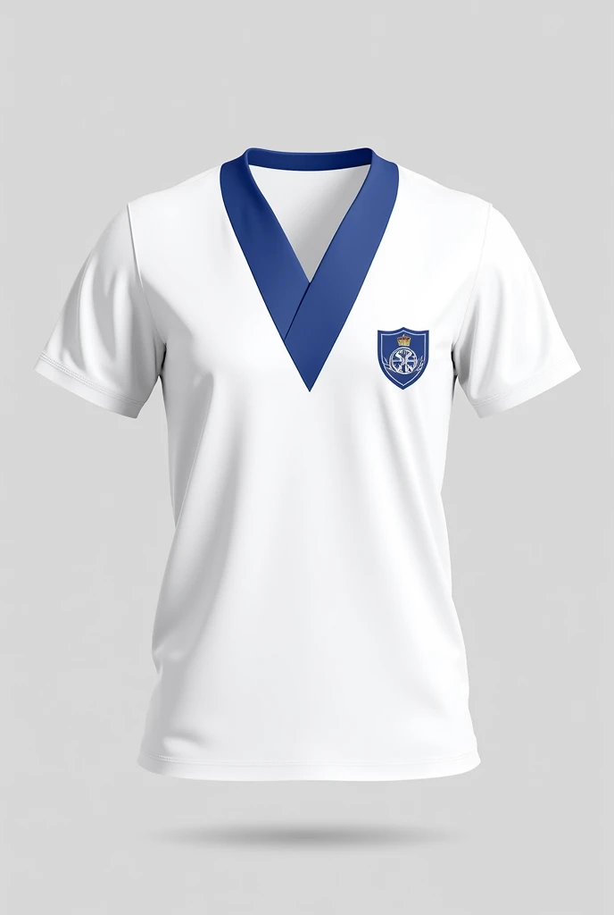 A basic, buttonless, white short-sleeved school shirt with a V-neck and a blue stripe down the middle., on the sleeves, It has a collar and a button closure on the shirt, A crest in the center of the shirt and a blue stripe in the center horizontally with a width of 3 cm, front and back