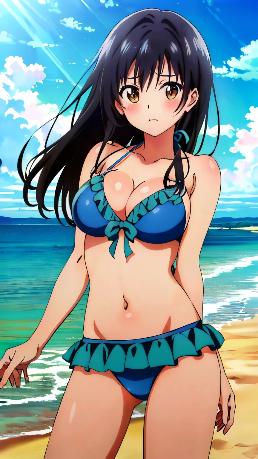 (masterpiece, Highest image quality, highest quality, 8k:1.3), (anime:1.1), vivid color, Ultra-detailed, Yui, Black hair, Large medium breasts, (bikini, Frills, blush, Beach), Standing, embarrassing, looking at the viewer, cowboy shot,