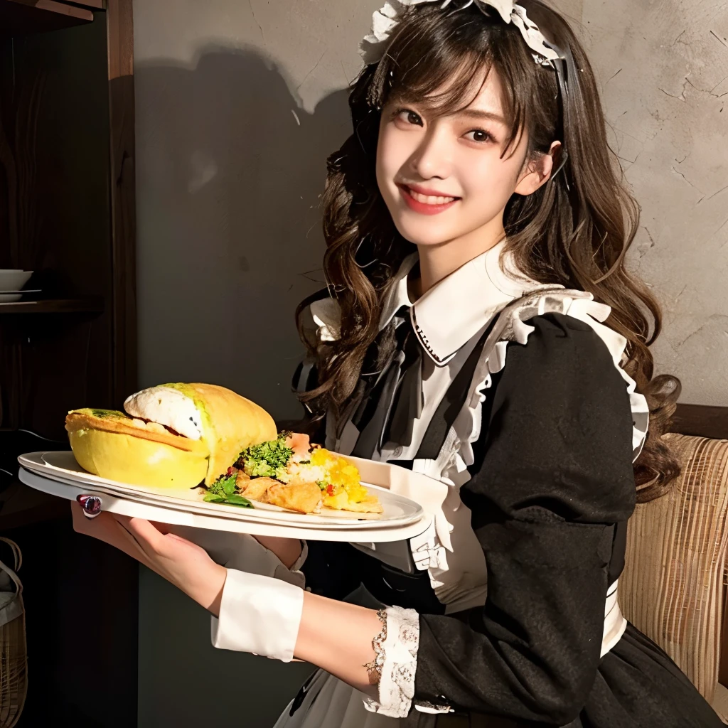 (Realistic:1.3), In detail, quality, Rembrandt Lighting, (masterpiece:1.2), (photoRealistic:1.2), (best quality), (Detailed skin:1.3), (Intricate details), dramatic, Ray Tracing, One person, Japanese, 21 years old, Detailed skin texture, (blush:0.5), (It gives me goosebumps:0.5), Scattered beneath the surface, smile, Happy, Medium chest, Long Curly Hair, Parted bangs, maid_dress, Omelette rice, Food on the tray, Holding Tray, whole body, (maid cafe, Cute ornament, A bright and cozy cafe),