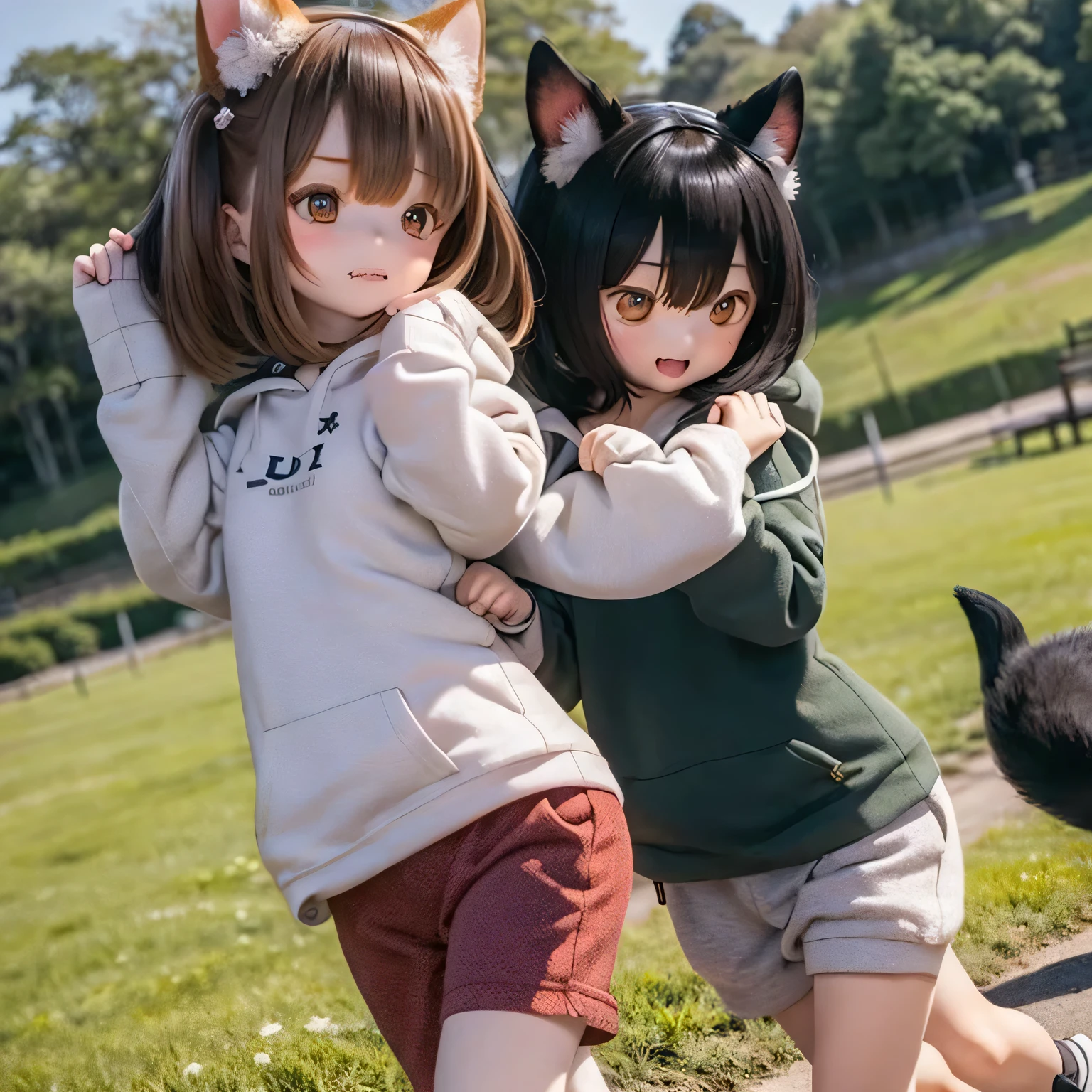 Shiba Inu girls in a rural landscape