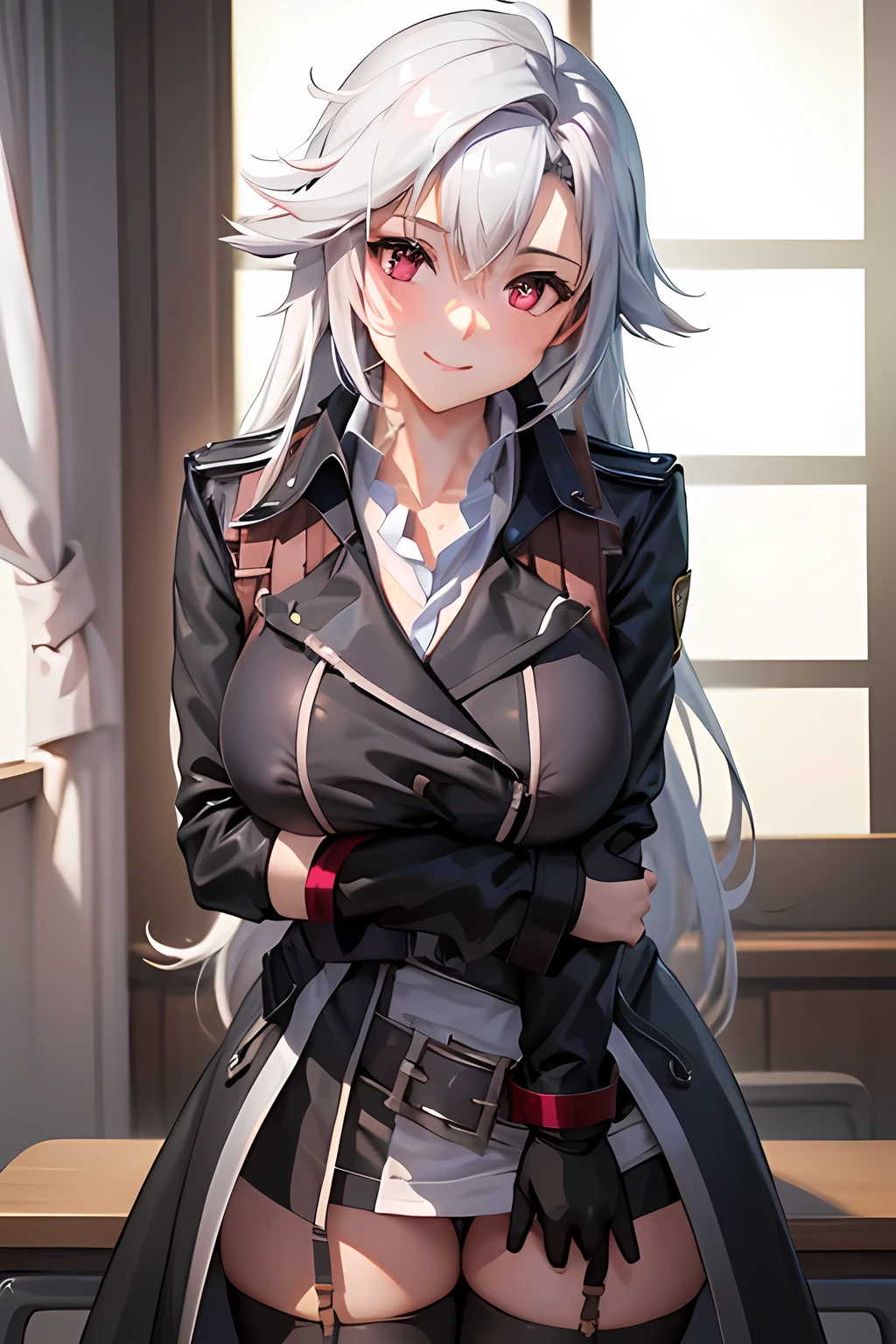 masterpiece, mischievous smile, light blush, looking at viewer, huge breasts, sexy pose, female rean schwarzer, long hair, black coat, black long skirt with a slit on the side, black gloves, white hair, red eyes, nipples, detailed white classroom in the background