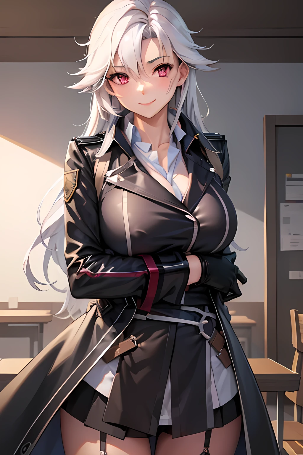 masterpiece, mischievous smile, light blush, looking at viewer, huge breasts, sexy pose, female rean schwarzer, long hair, black coat, black long skirt with a slit on the side, black gloves, white hair, red eyes, nipples, detailed white classroom in the background